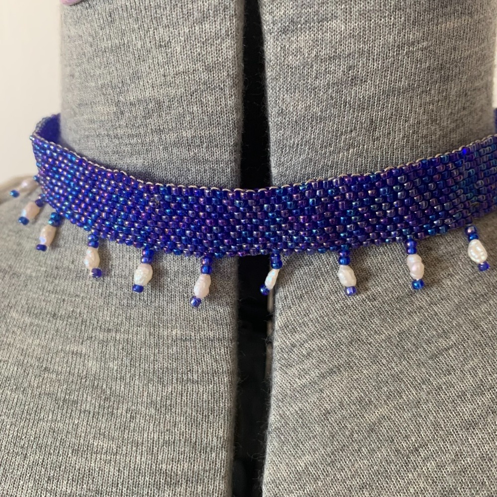 Vintage 90s Blue Beaded Hand Loomed Choker Rice Pearl Fringe Retro Boho Necklace
